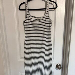 BLACK WHITE STRIPED MIDI BODYCON DRESS RIBBED SIDE SLIT TANK L